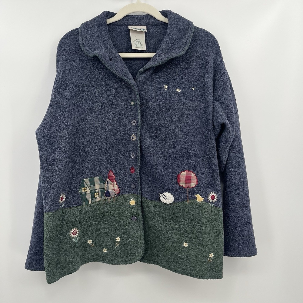 Womens Sweatshirt Fleece Cardigan Cottagecore Novelty Farm Cottage Embroidered